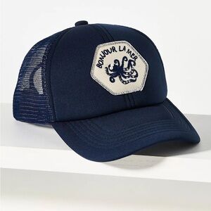 By Anthropologie Embellished Trucker Hat  * blue octopus “ Bonjour La Mer